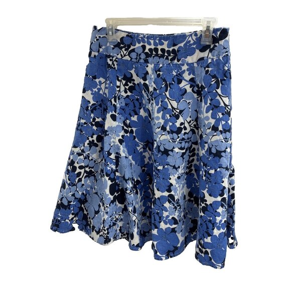 Rafaella Studio Womens 8 Linen Floral A Line Midi Skirt Blue White Summer Casual - Picture 1 of 7